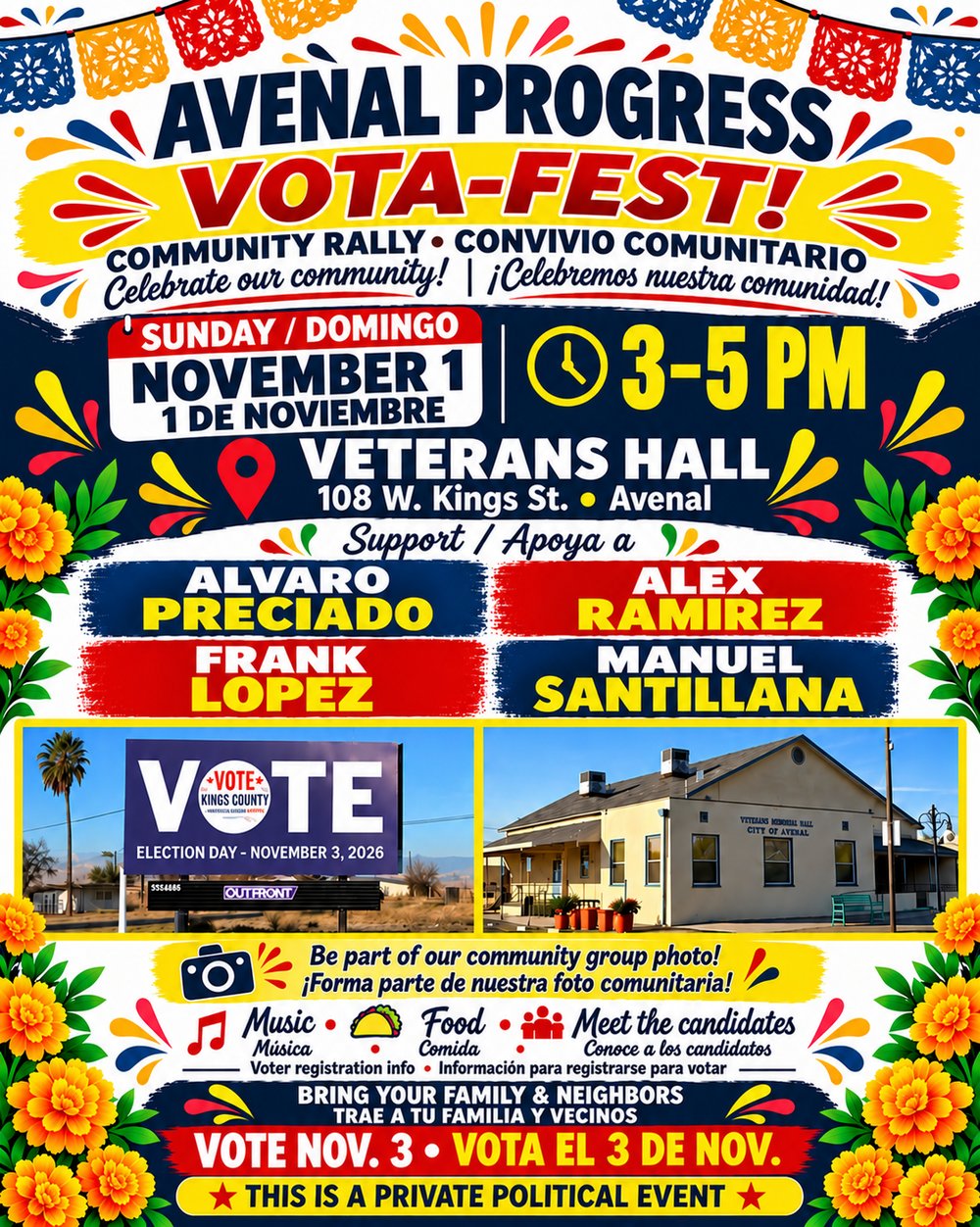 Avenal Progress Vota-Fest community rally flyer: Sunday, November 1, 3 to 5 PM at Veterans Hall, 108 W. Kings St., Avenal. Supporting Alvaro Preciado, Alex Ramirez, Frank Lopez and Manuel Santillana.